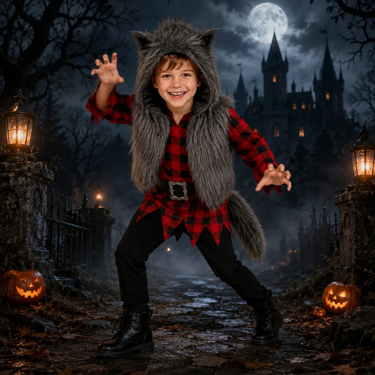 Child in gray werewolf costume under a full moon