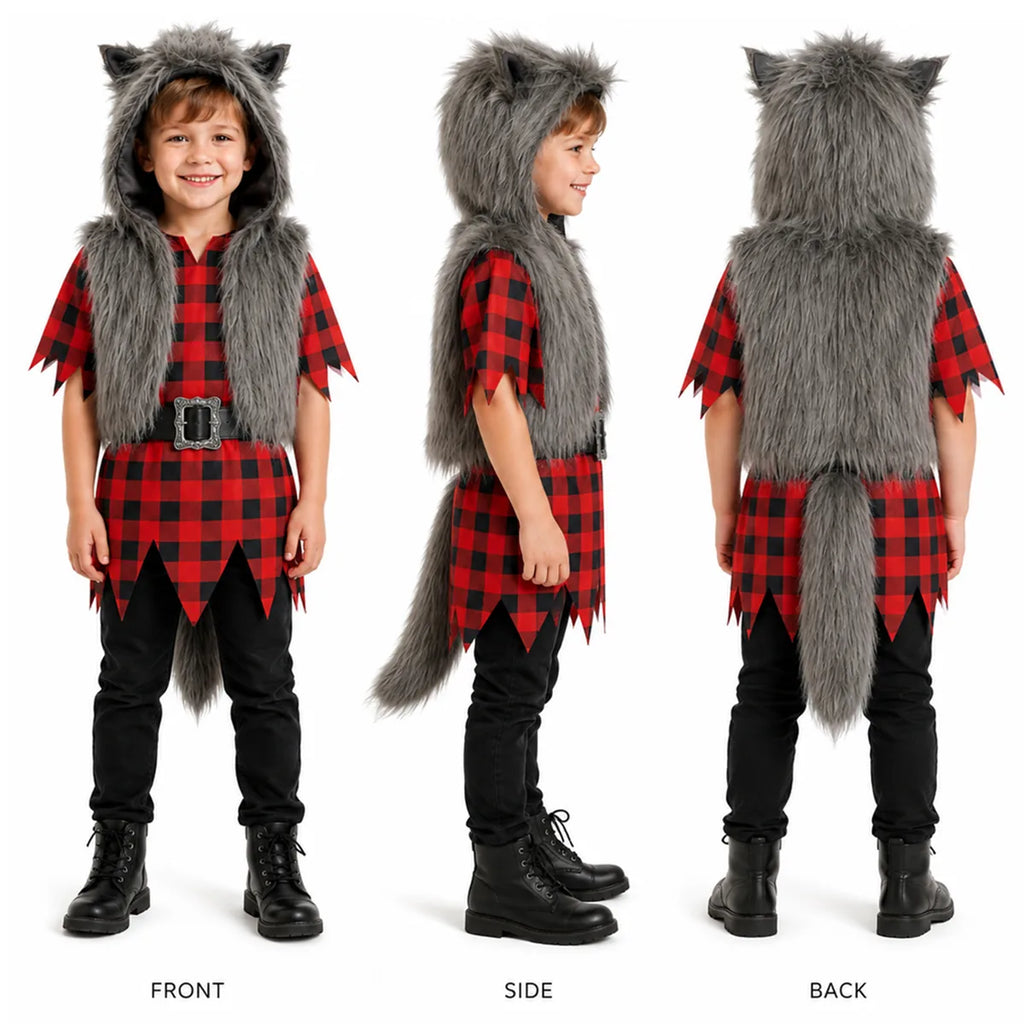 Kids gray werewolf costume front side and back views