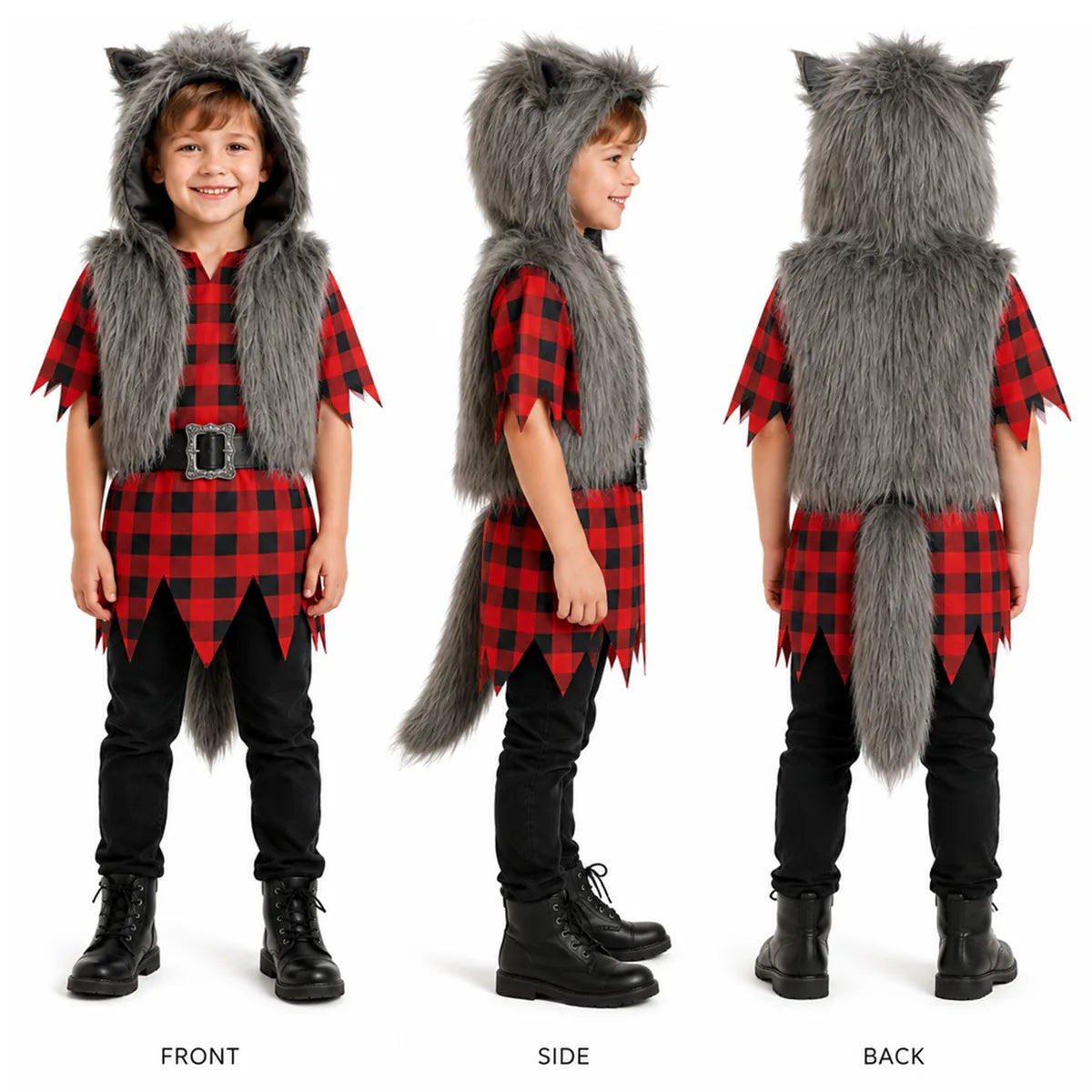 Kids gray werewolf costume front side and back views