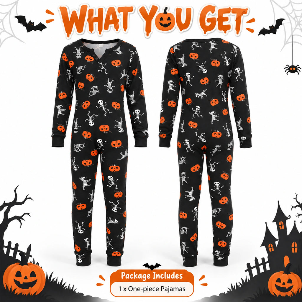 Front and back of the printed Halloween onesie with the package labeled one one-piece pajama garment.