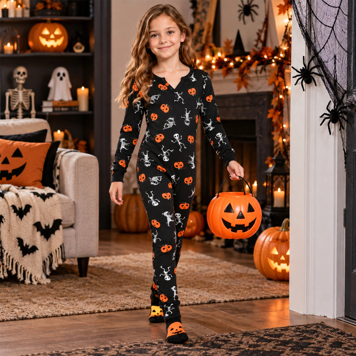 Child wearing black kids Halloween pajamas with pumpkin, skeleton and mummy print at a Halloween party, holding a pumpkin bucket.