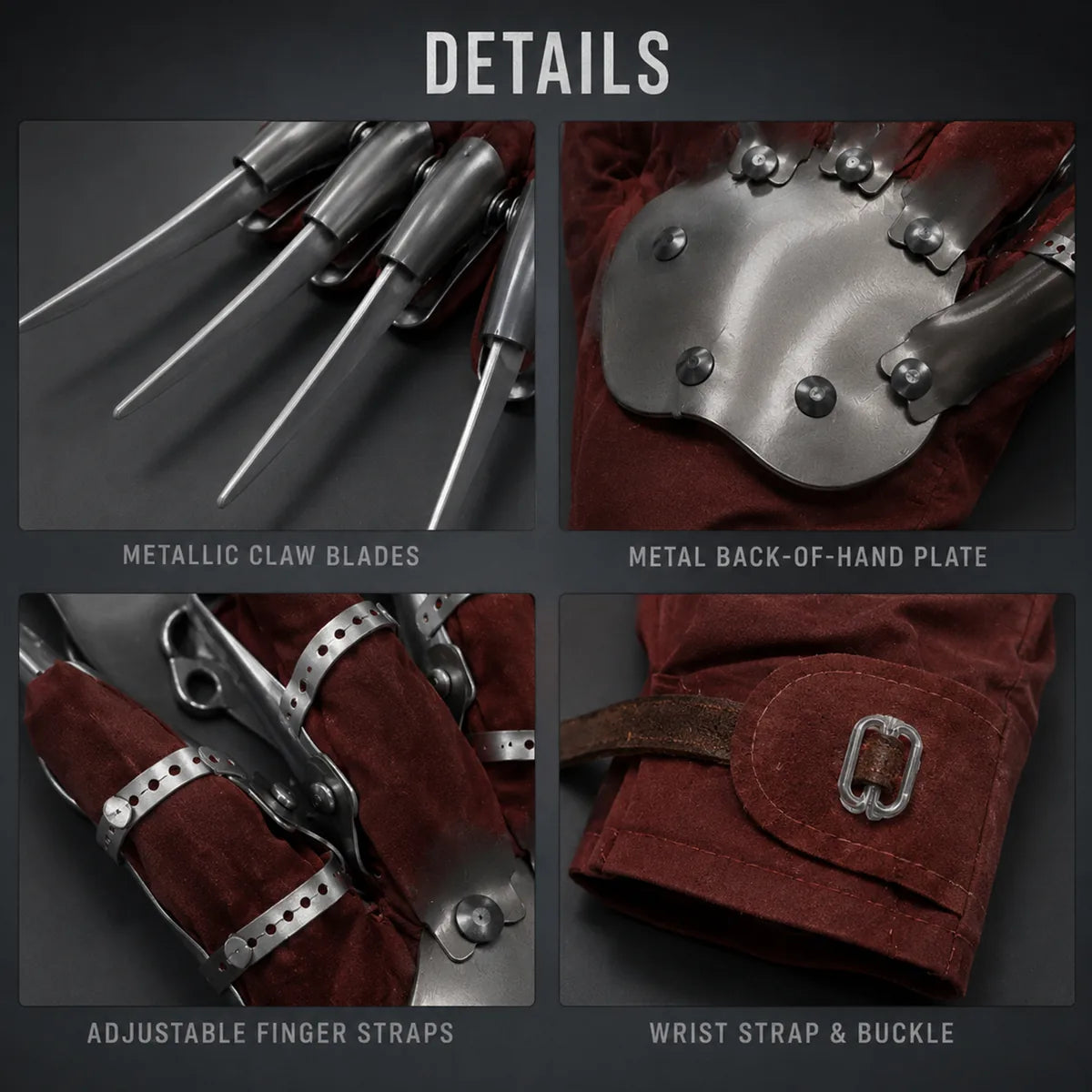 Close-up details of the kids horror claw glove, showing visible texture, color, and construction.