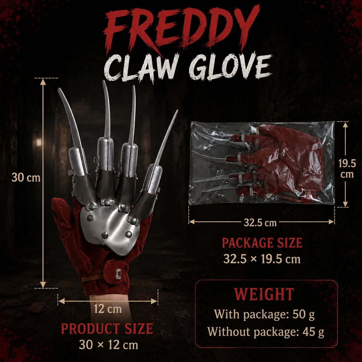 Dimension chart for the kids horror claw glove, showing the listed product measurements and scale.