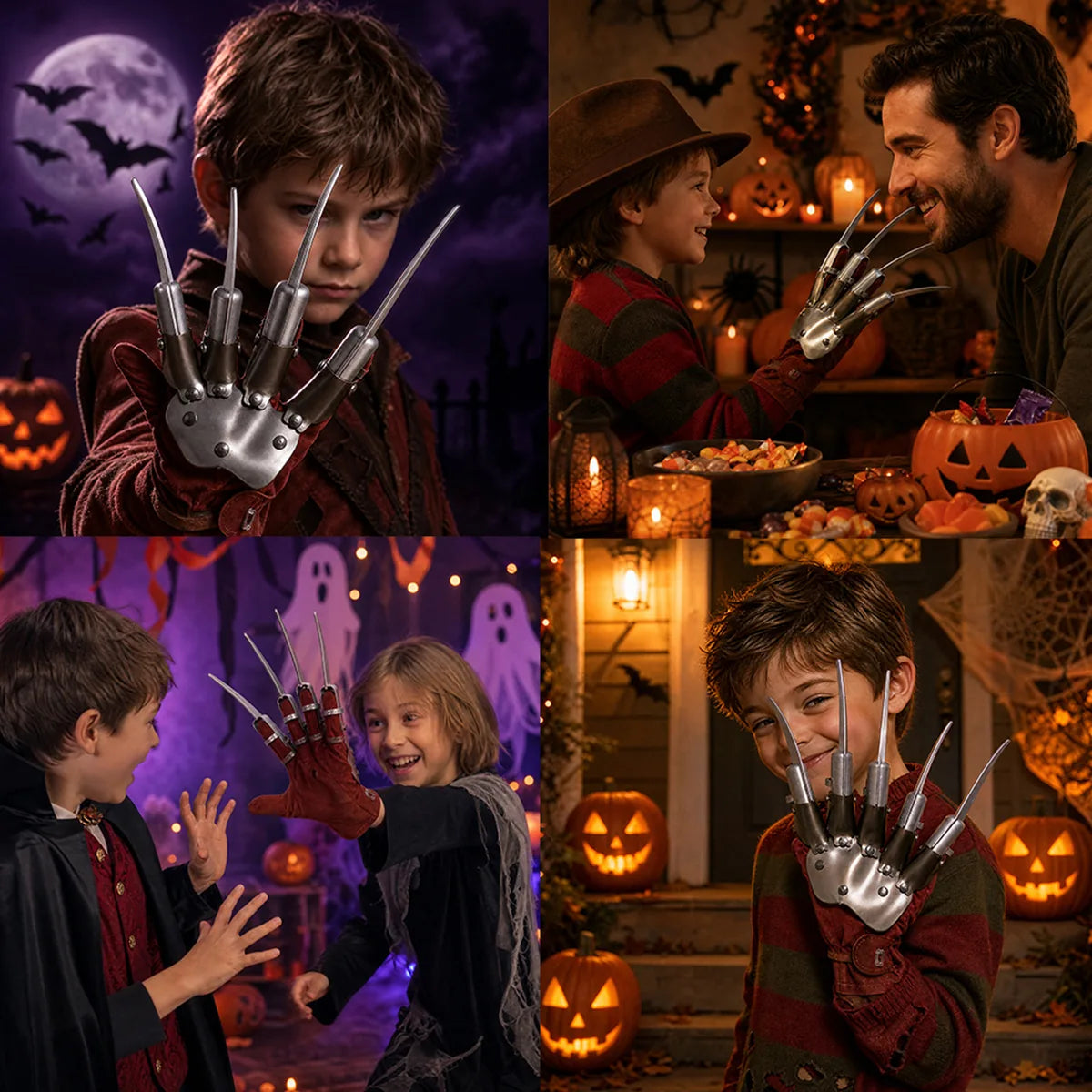 The kids horror claw glove shown across several styled Halloween and event display scenes.
