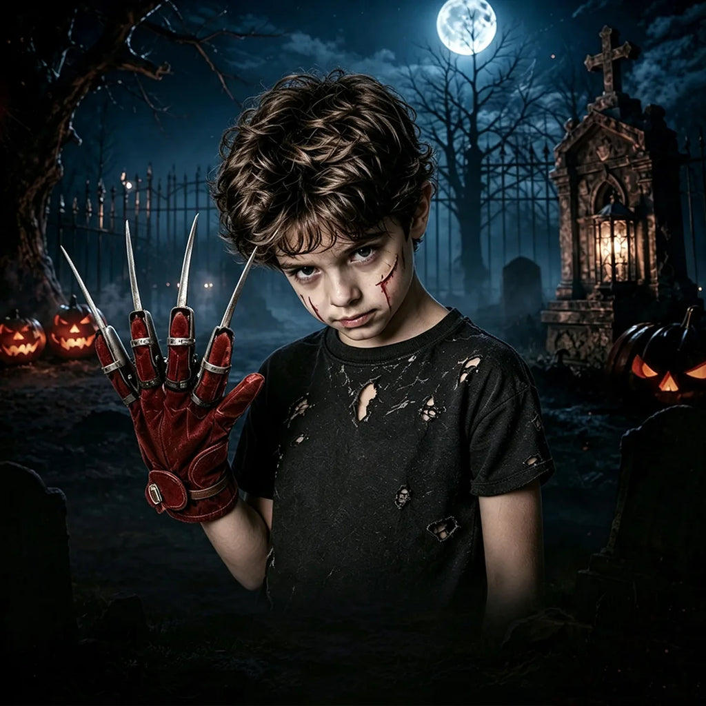 The kids horror claw glove displayed in a styled Halloween scene for visual context.