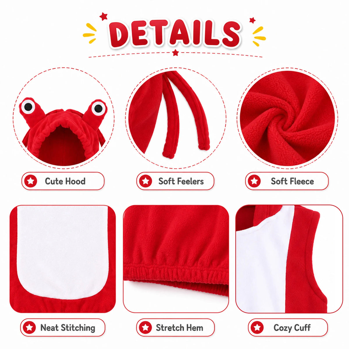 Close-up details of lobster hood feelers fleece fabric white belly and stretch hem