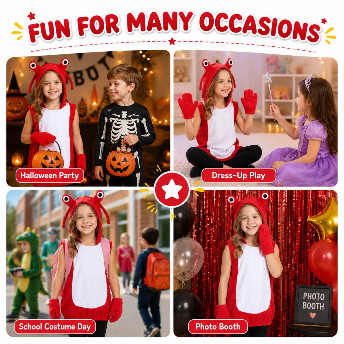 Four scenes show a child wearing the lobster costume at parties and dress-up events.