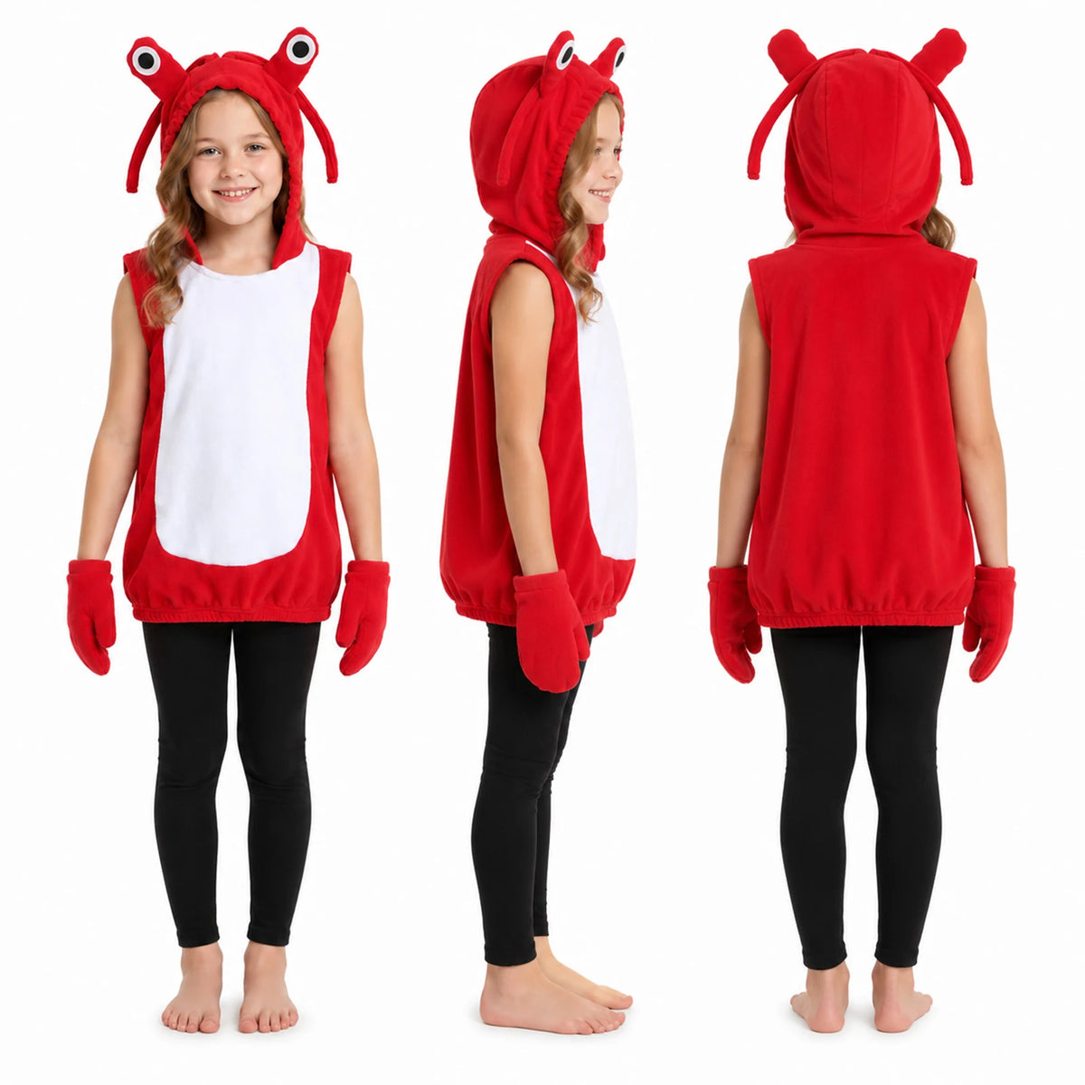 Front side and back views of kids lobster costume against a white background.