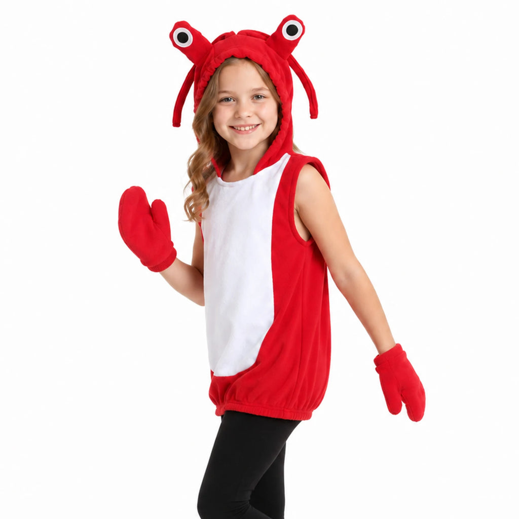 A child wears the red lobster hooded top and separate claw mittens against a white background.
