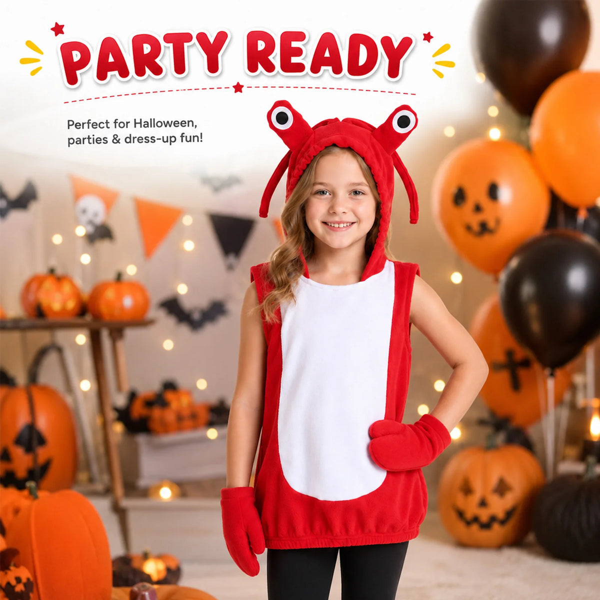 A child wears a red lobster costume among pumpkins and Halloween party decorations.