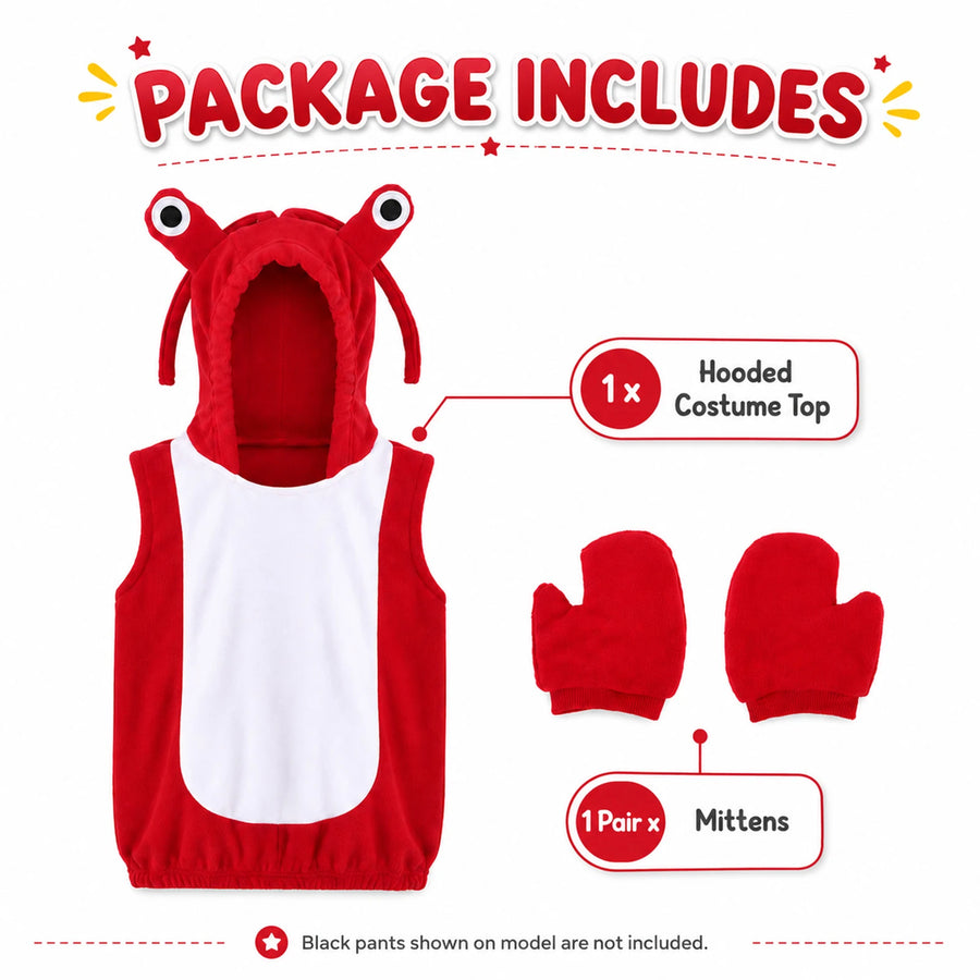 Lobster costume package includes hooded top and pair of claw mittens