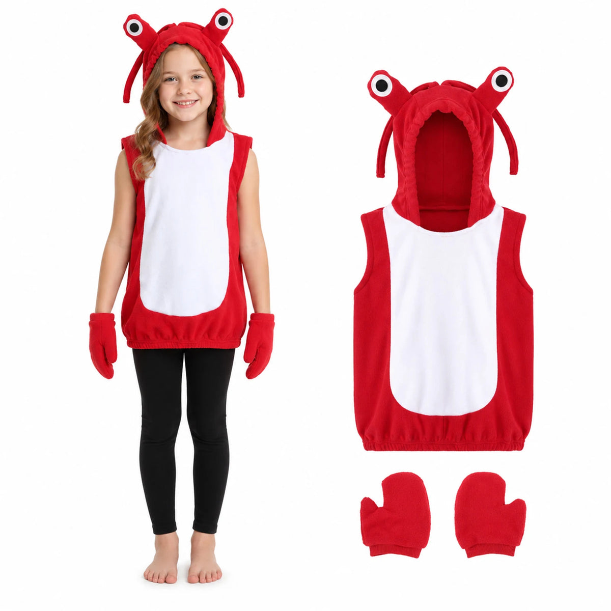Child wearing red lobster costume with hood and claw mittens
