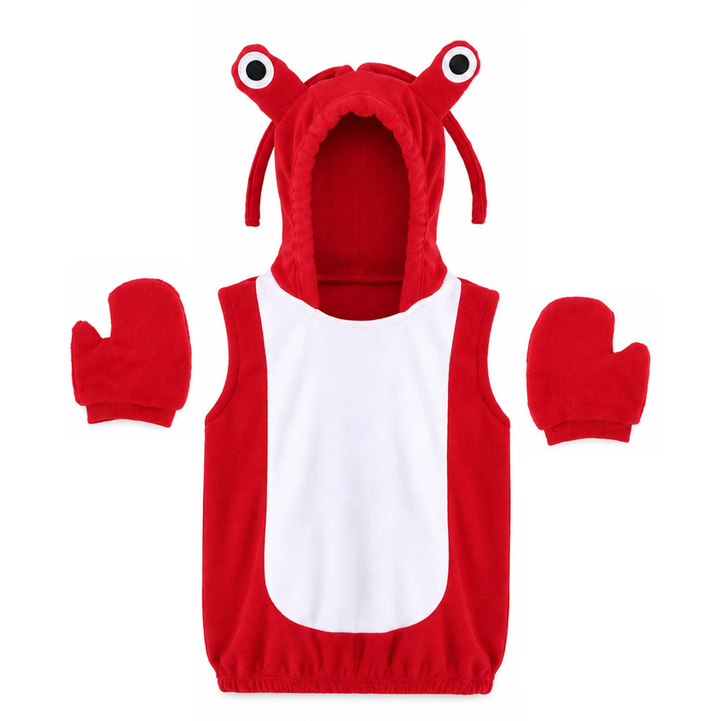 The red hooded lobster top is displayed alone beside its separate pair of claw mittens.