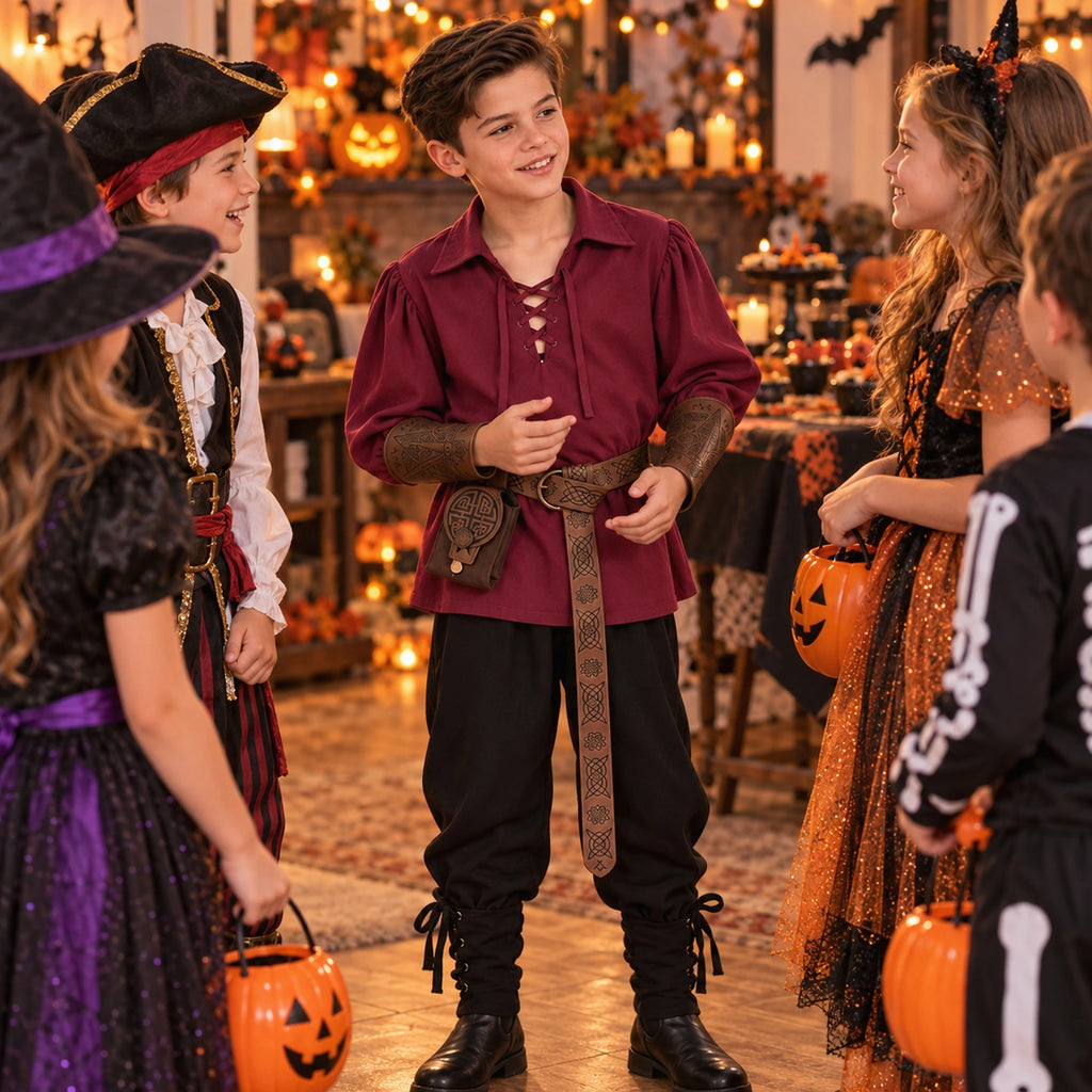 Boy wearing a red lace-up medieval shirt, black pants, brown belt, waist bag and decorative wrist guards at a Halloween party.