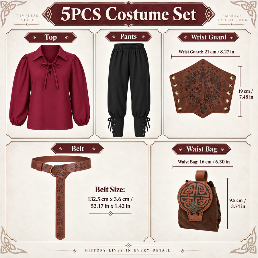 The costume includes a red top, black pants, decorative wrist guards, patterned belt and waist bag with accessory measurements shown.