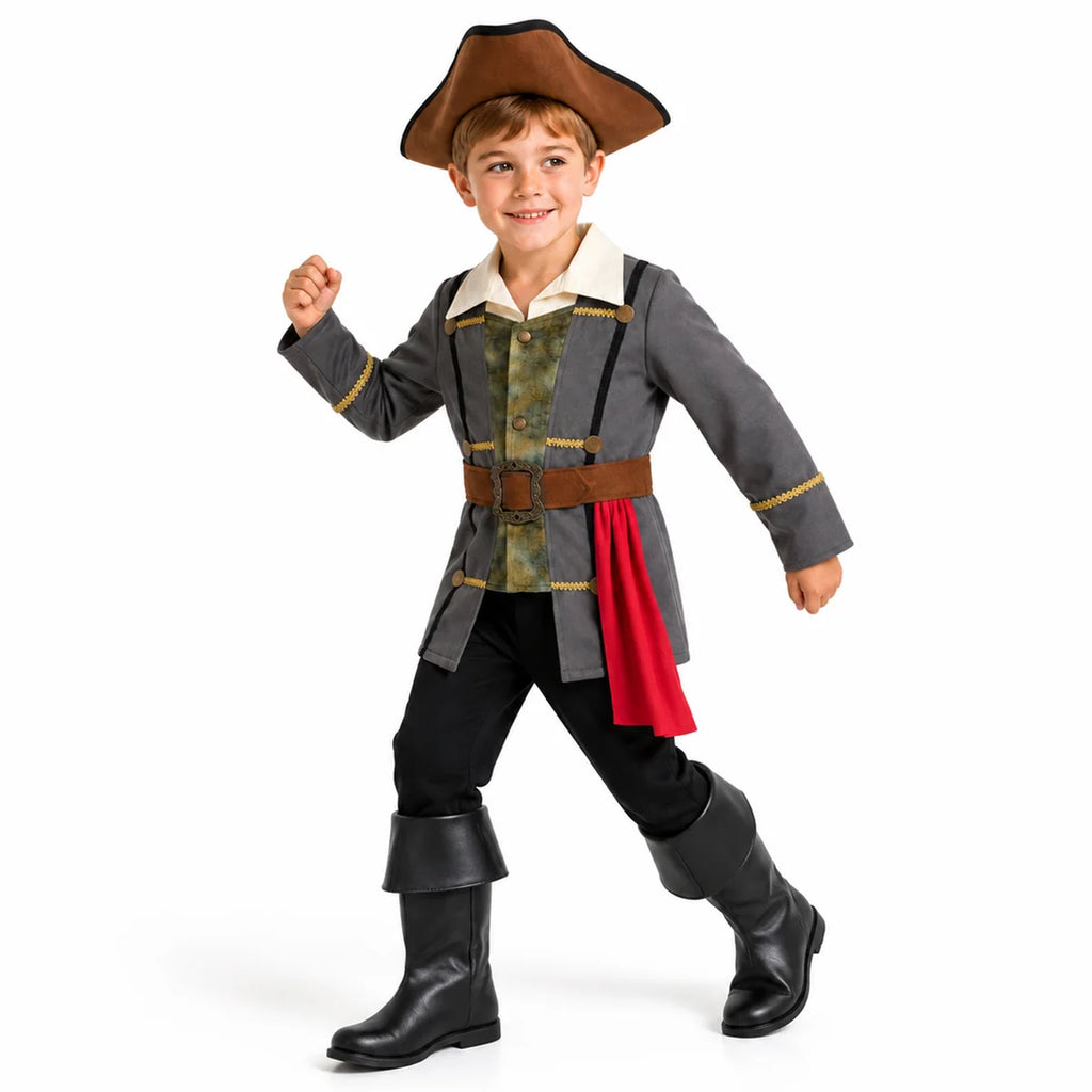 Child wearing gray and green pirate captain costume