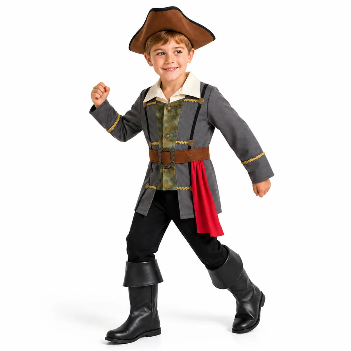 Child wearing gray and green pirate captain costume