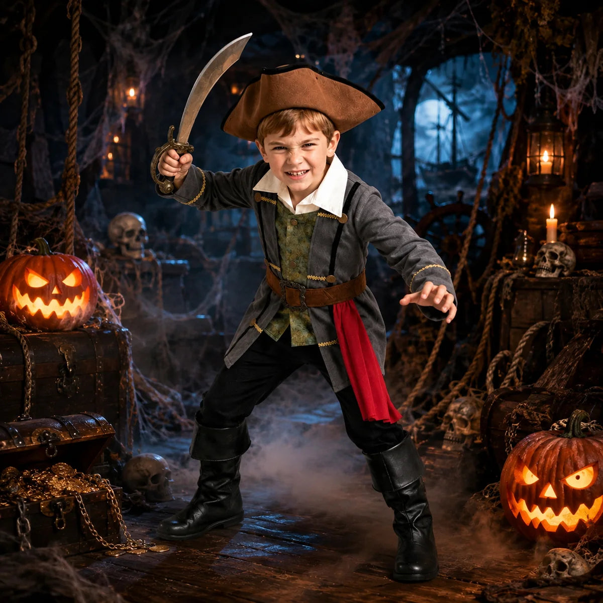 Child pirate costume in nighttime adventure scene