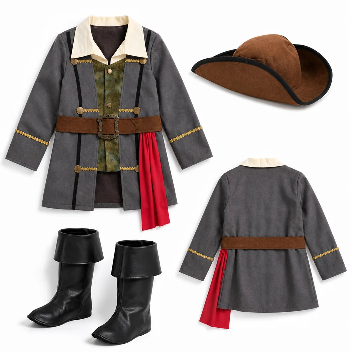 Kids pirate costume coat hat and boot cover components