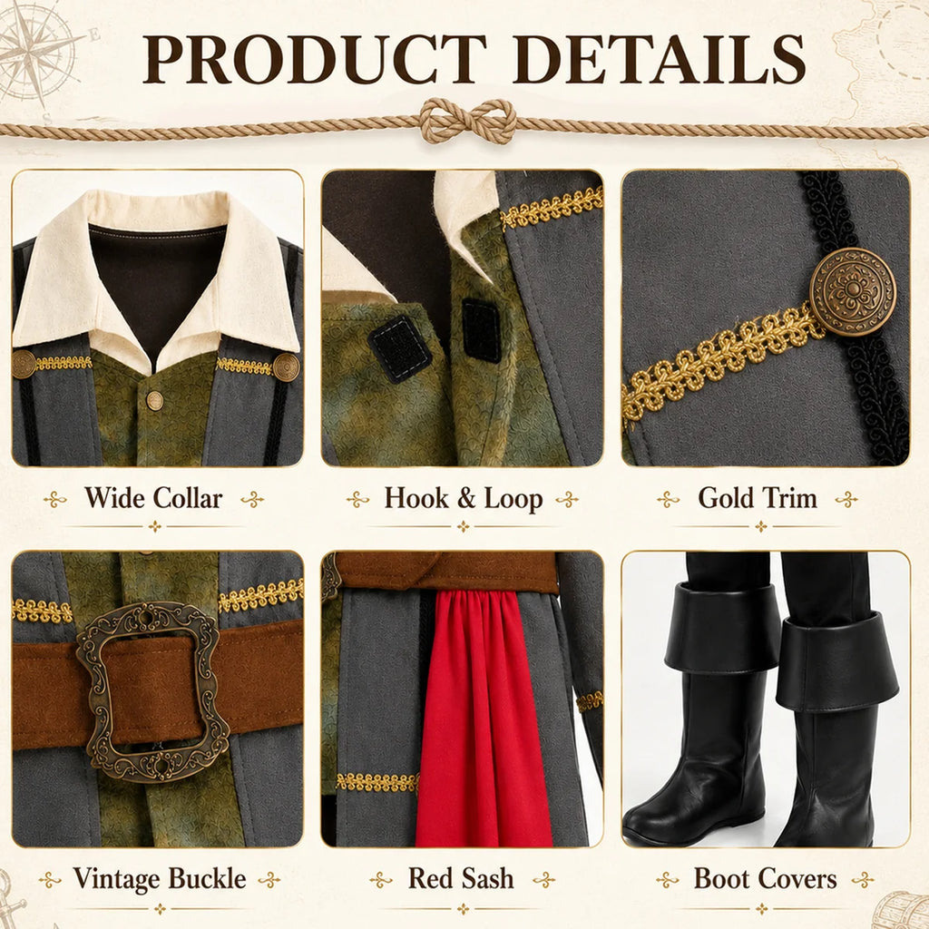Close-up details of pirate coat trim buckle sash and boot covers