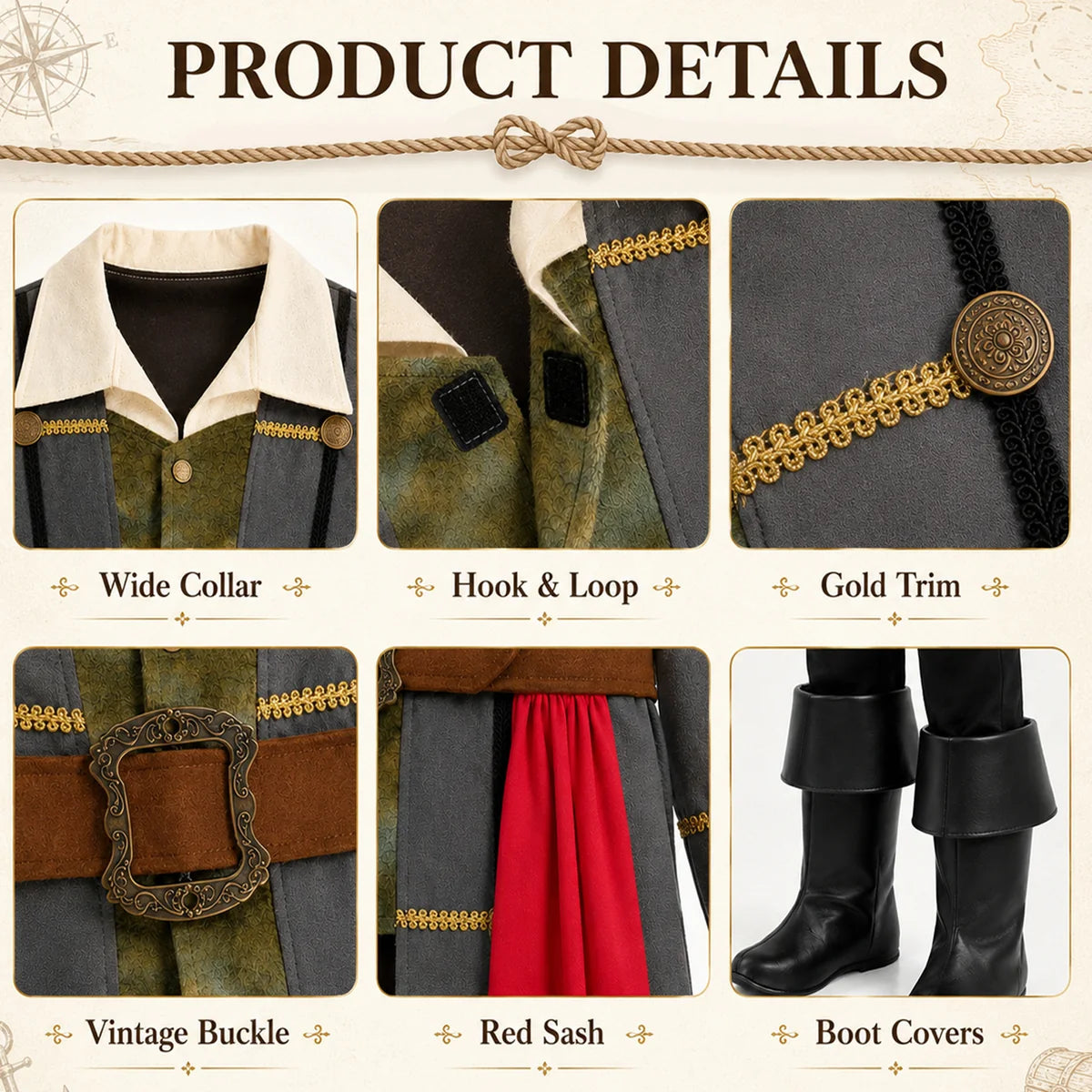 Close-up details of pirate coat trim buckle sash and boot covers