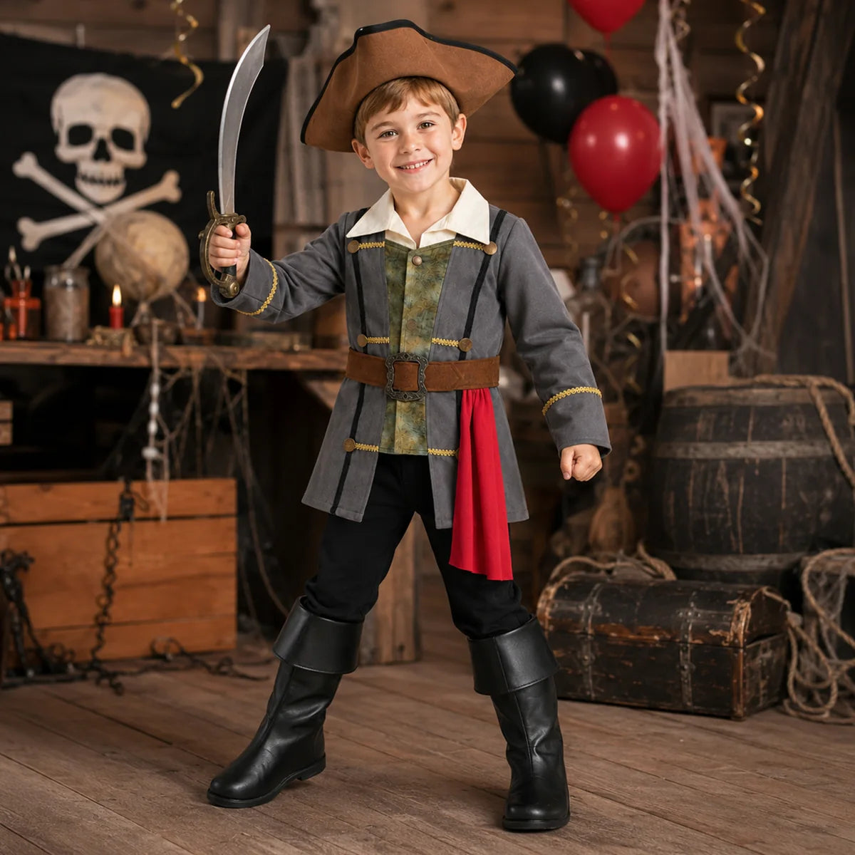 Kids pirate captain costume in Halloween party scene