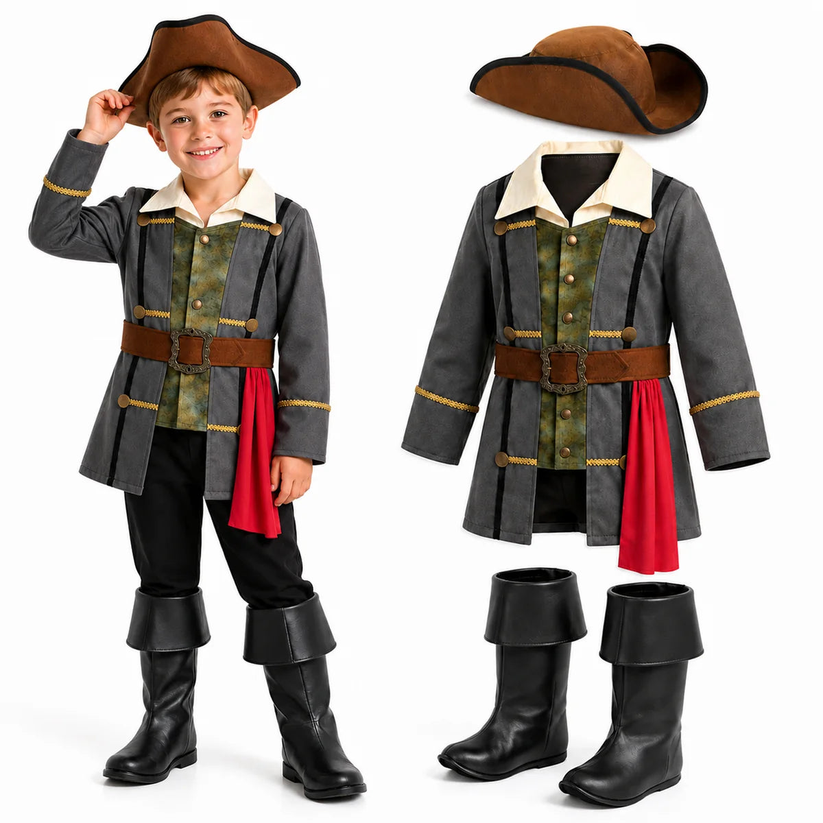 Kids medieval pirate costume with coat hat and boot covers