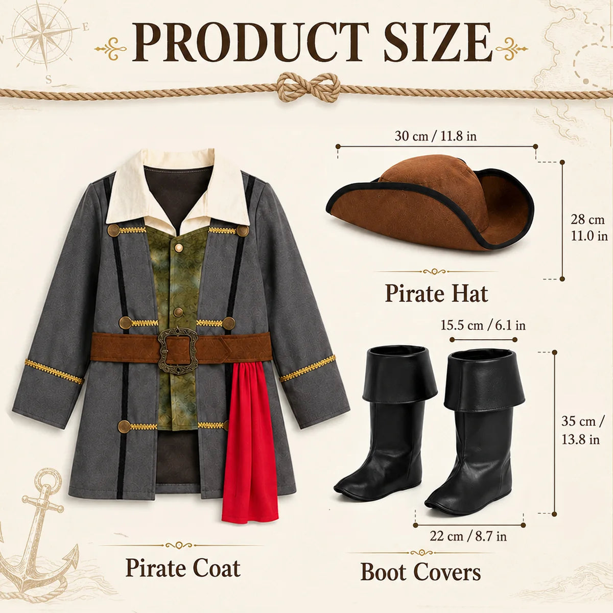 Pirate costume accessory measurements for hat and boot covers