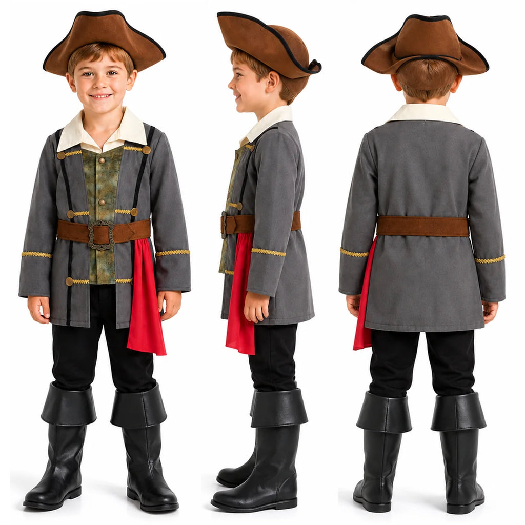 Kids pirate costume front side and back views