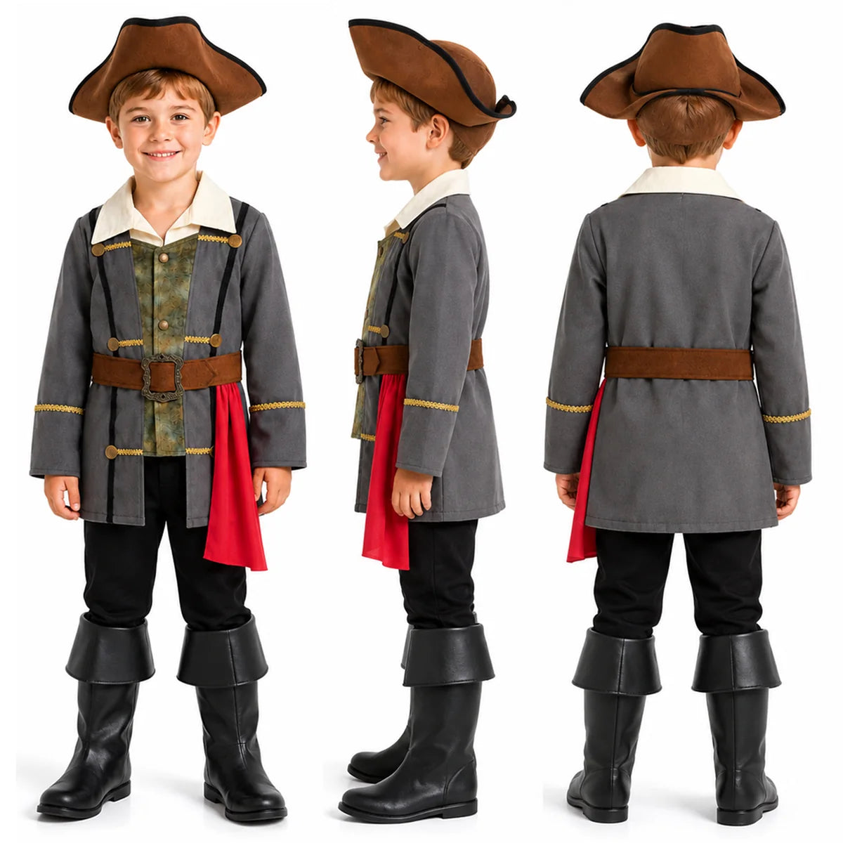 Kids pirate costume front side and back views