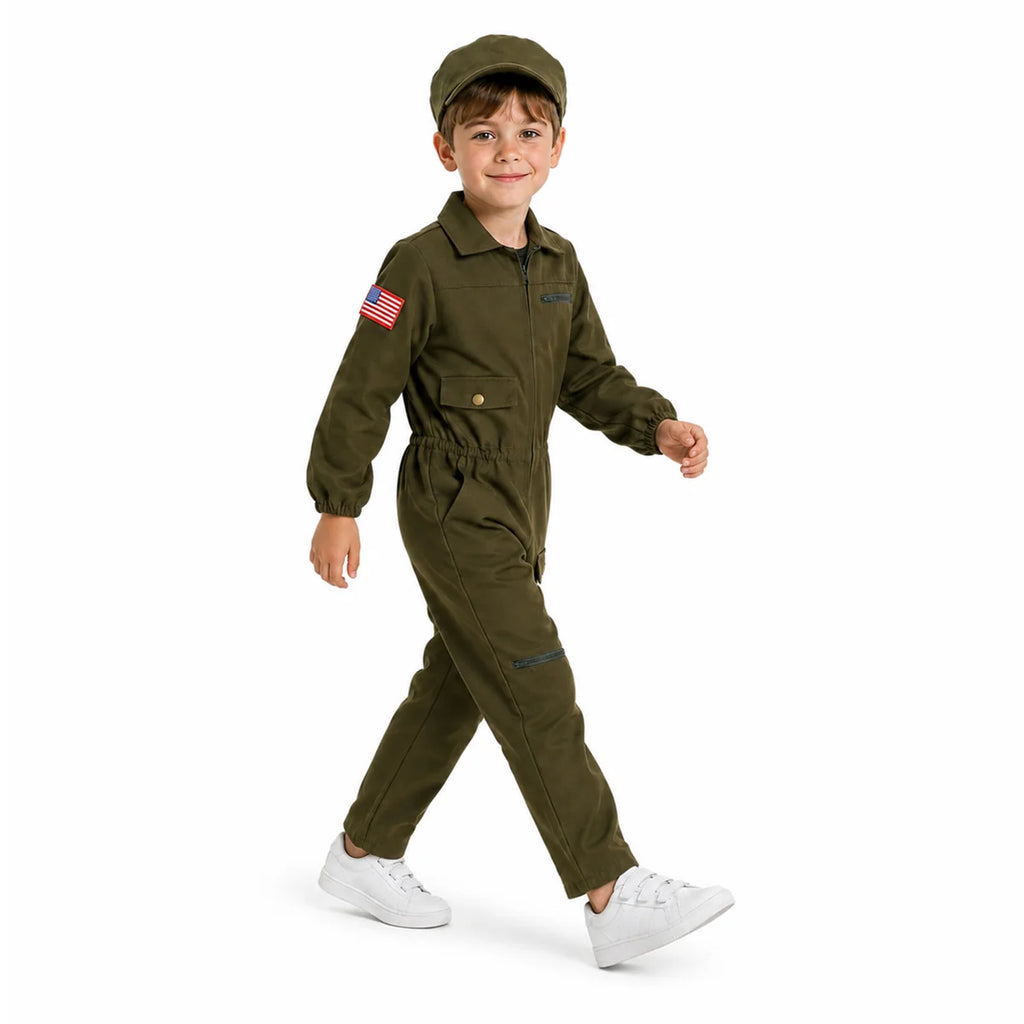 Child wearing olive green aviator costume jumpsuit