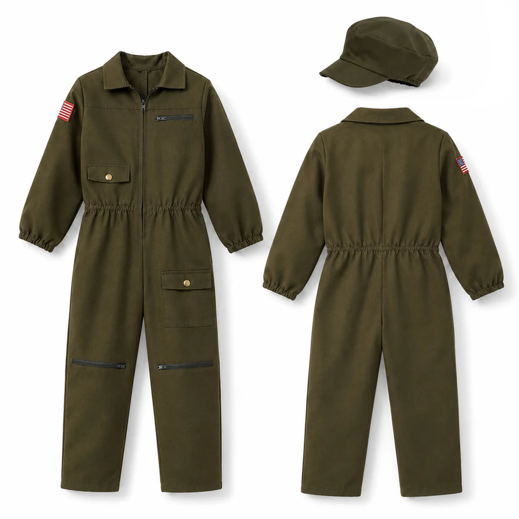 Kids pilot costume jumpsuit and cap front and back