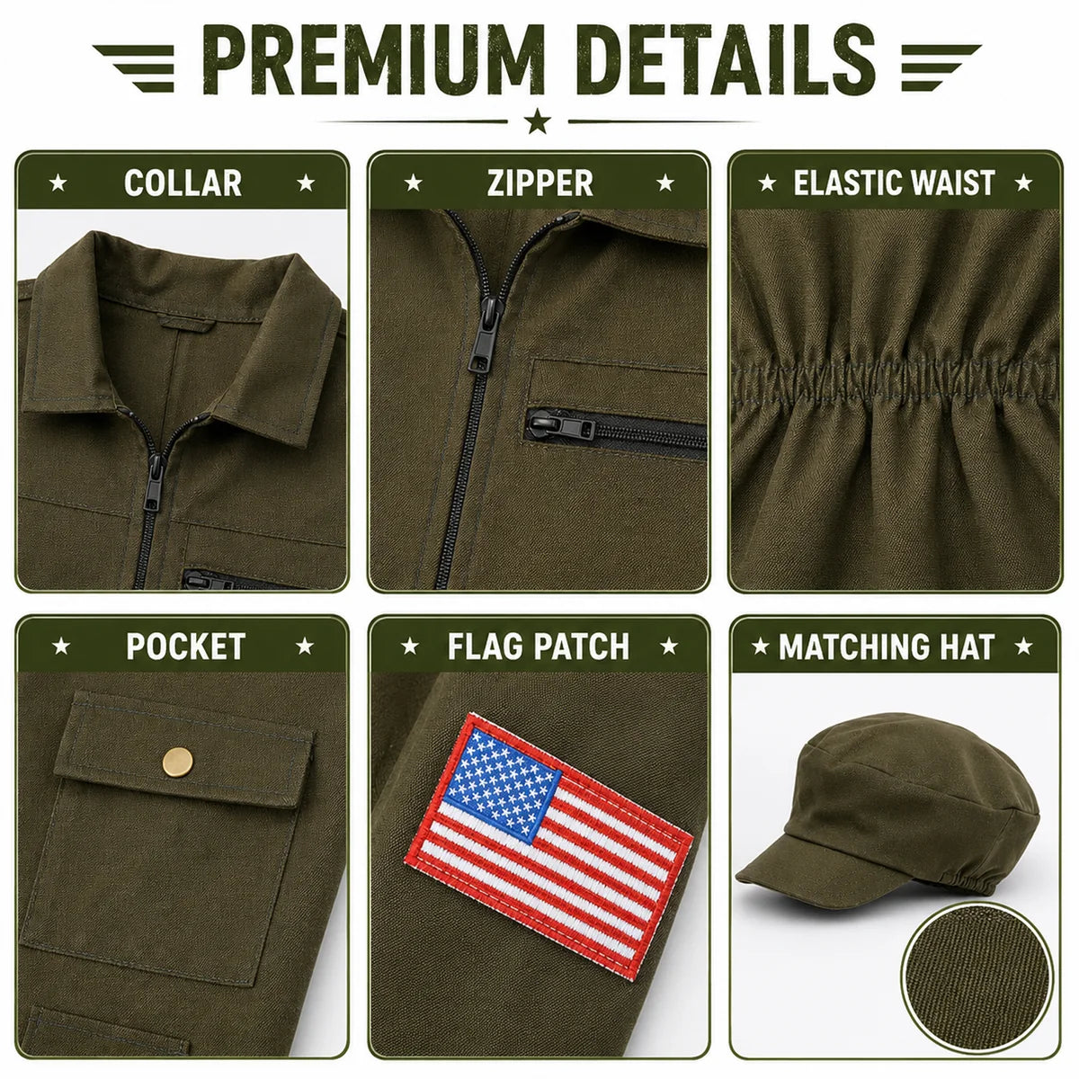 Close-up details of pilot jumpsuit collar zipper pockets and patch