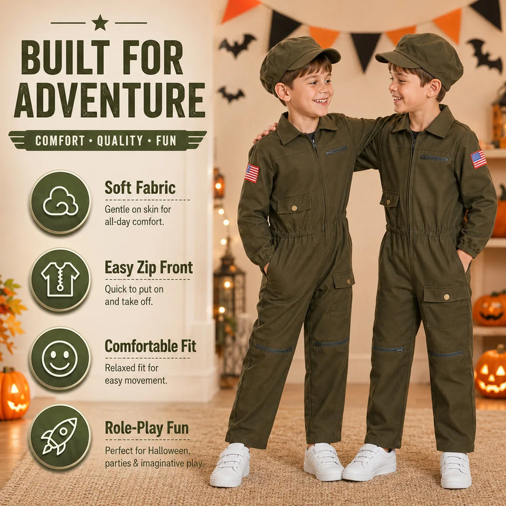 Kids pilot jumpsuit soft fabric zip front and comfortable fit