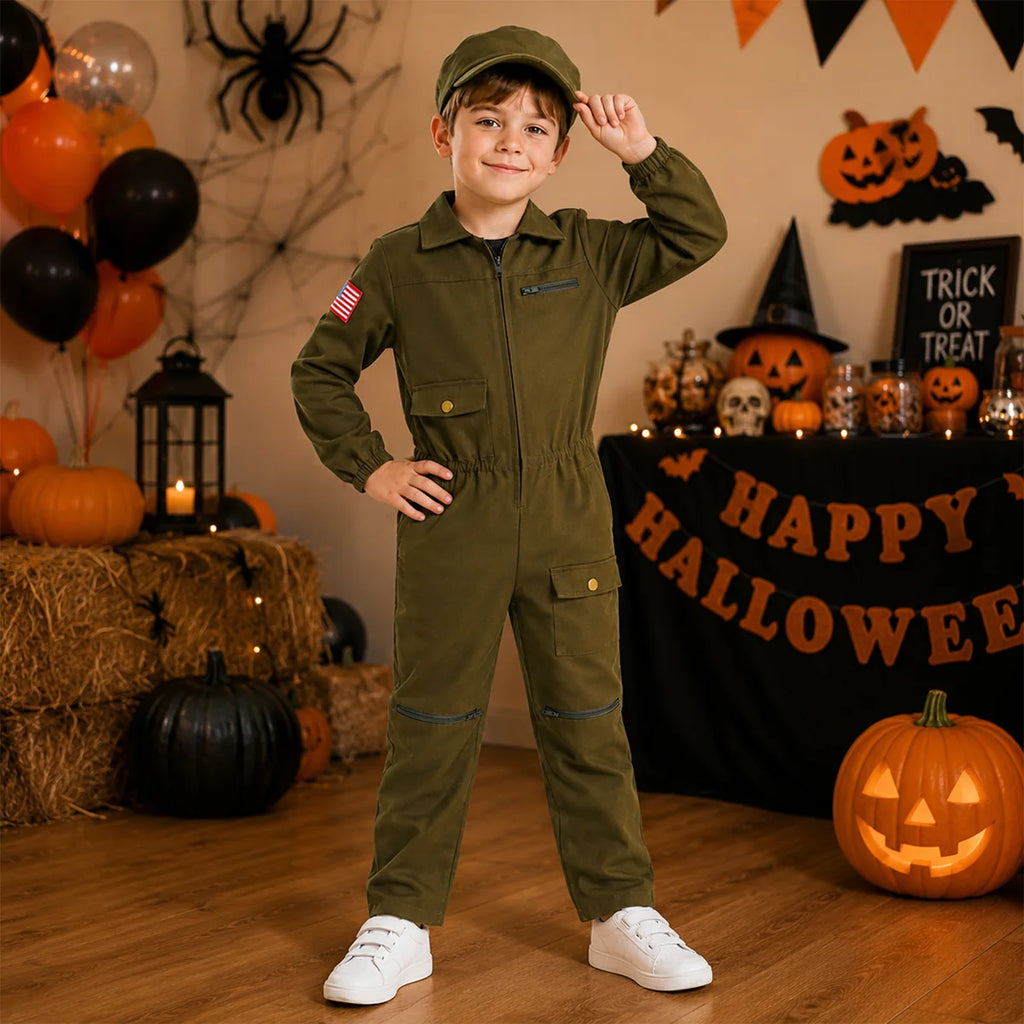 Kids olive green pilot costume at Halloween party
