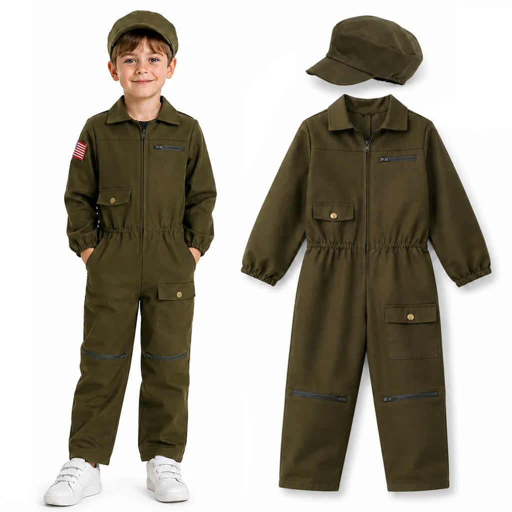 Kids olive green pilot costume jumpsuit and matching cap