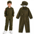 Kids olive green pilot costume jumpsuit and matching cap