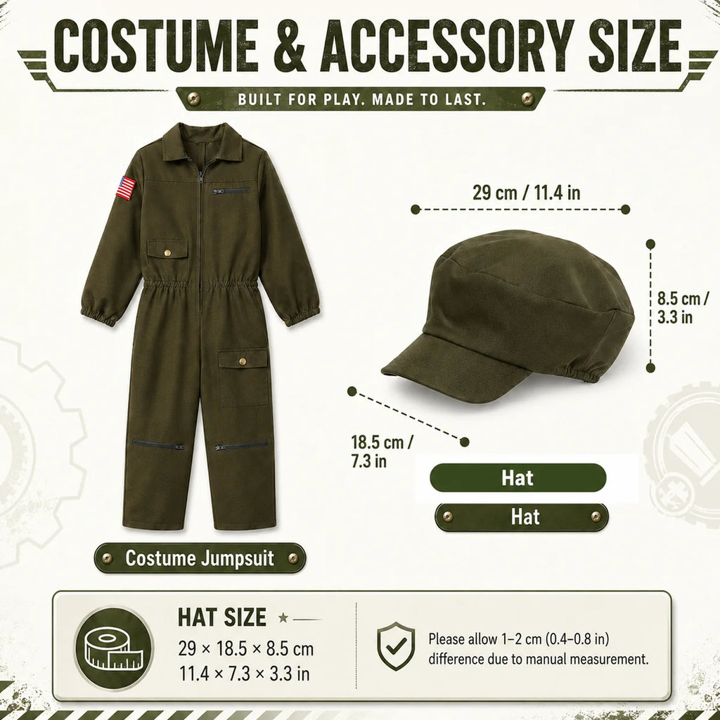 Pilot costume cap measurements and included jumpsuit