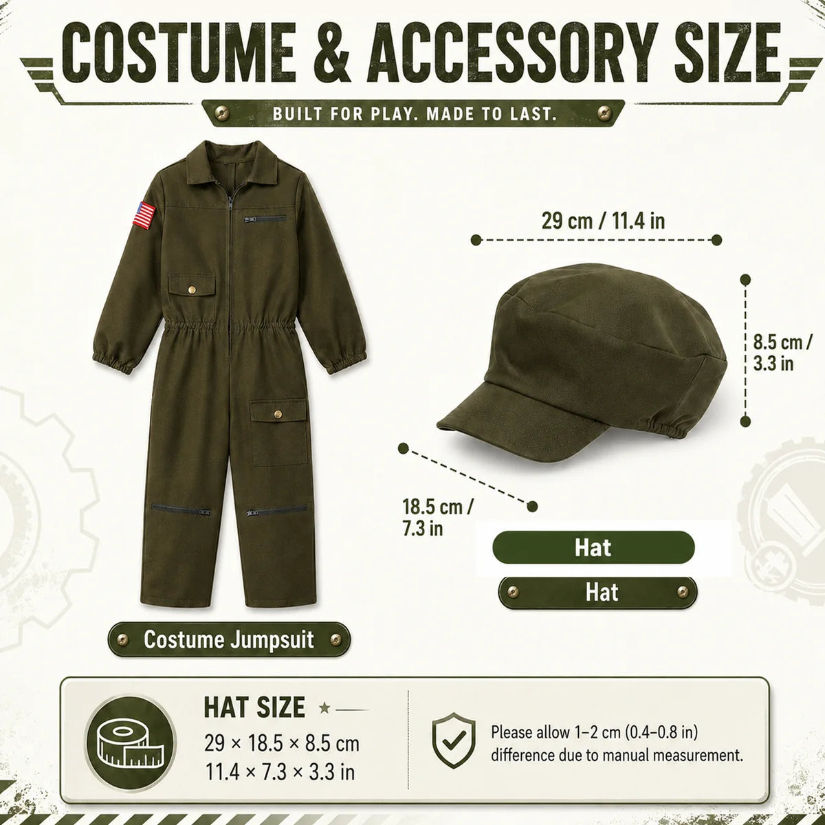 Pilot costume cap measurements and included jumpsuit