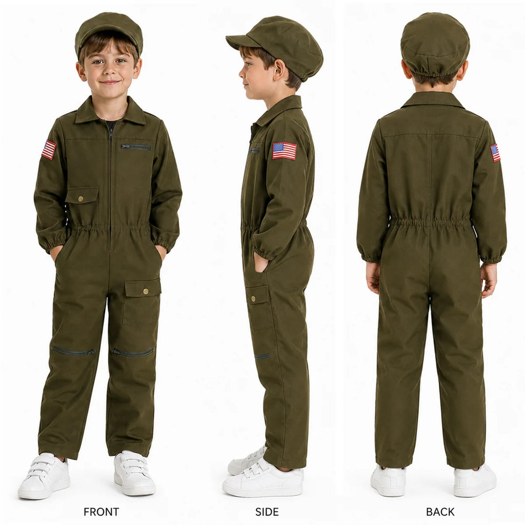 Kids olive green pilot costume front side and back views