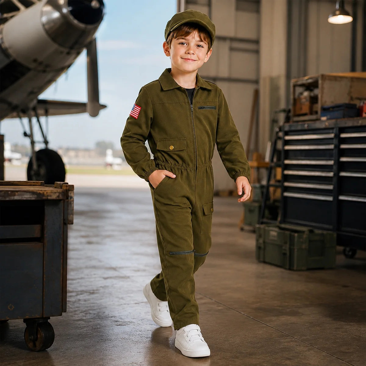 Child pilot mechanic costume in workshop scene