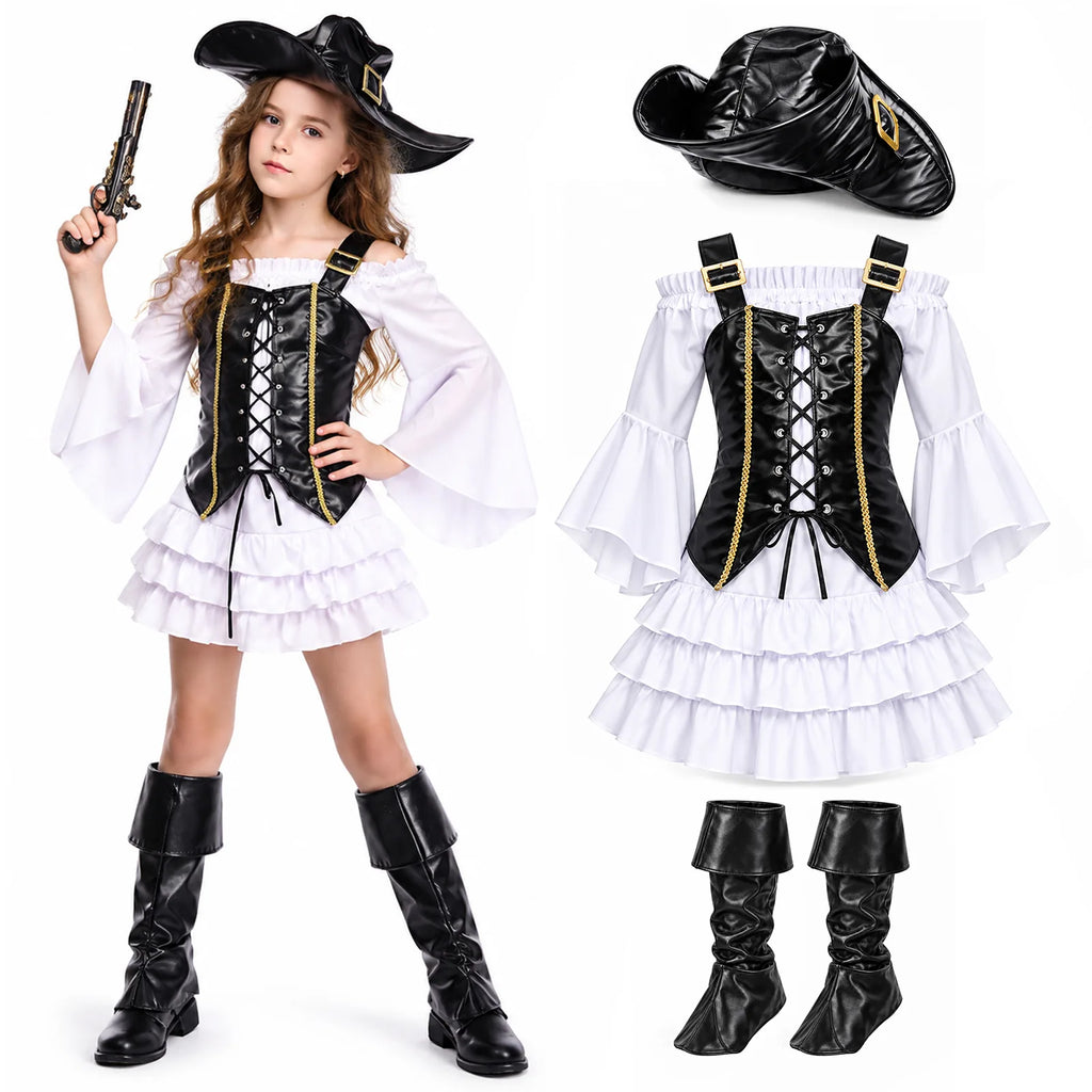 Kids' pirate dress costume with hat, vest and boot covers