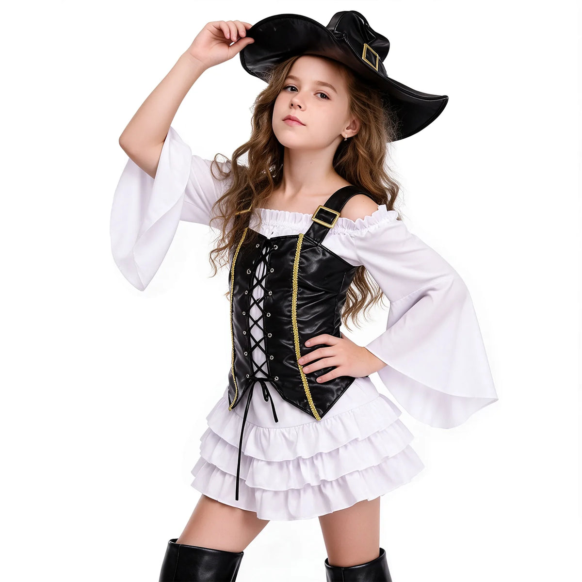 Black and white kids' pirate costume four-piece set arranged together against a plain studio background