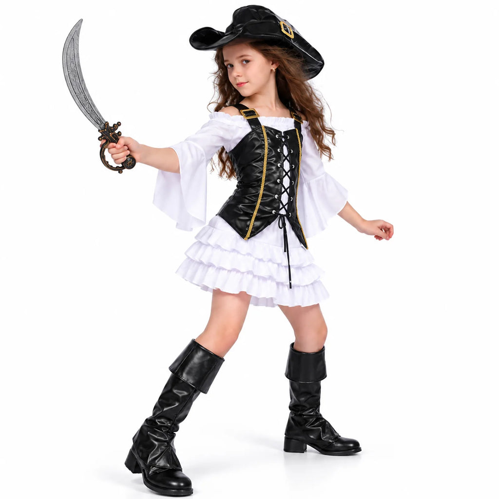 Front view of layered white pirate dress and black vest