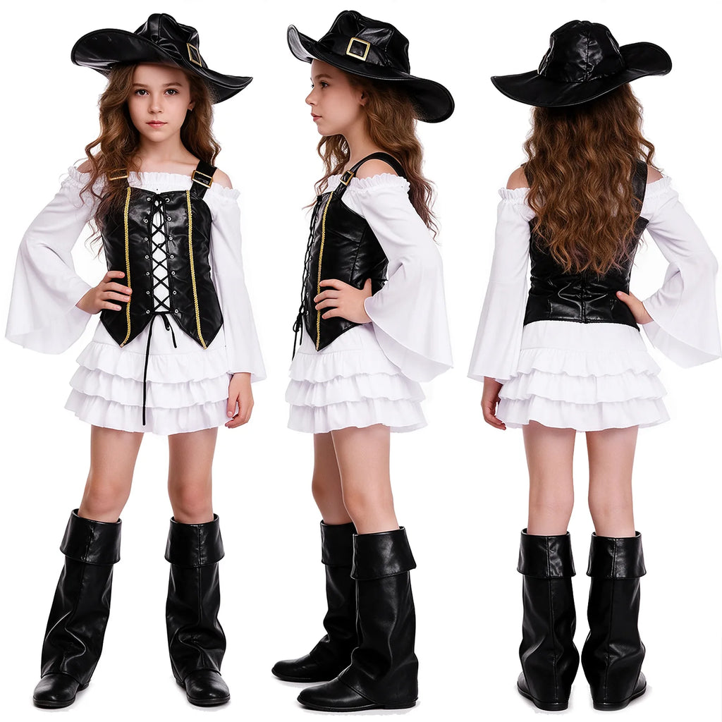 Back view of layered pirate dress costume photographed from behind to show the layered silhouette