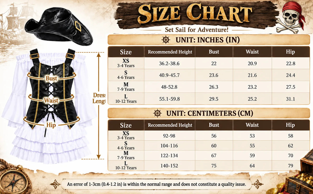 Kids' pirate costume size chart for XS through L with body measurements for selecting the right size