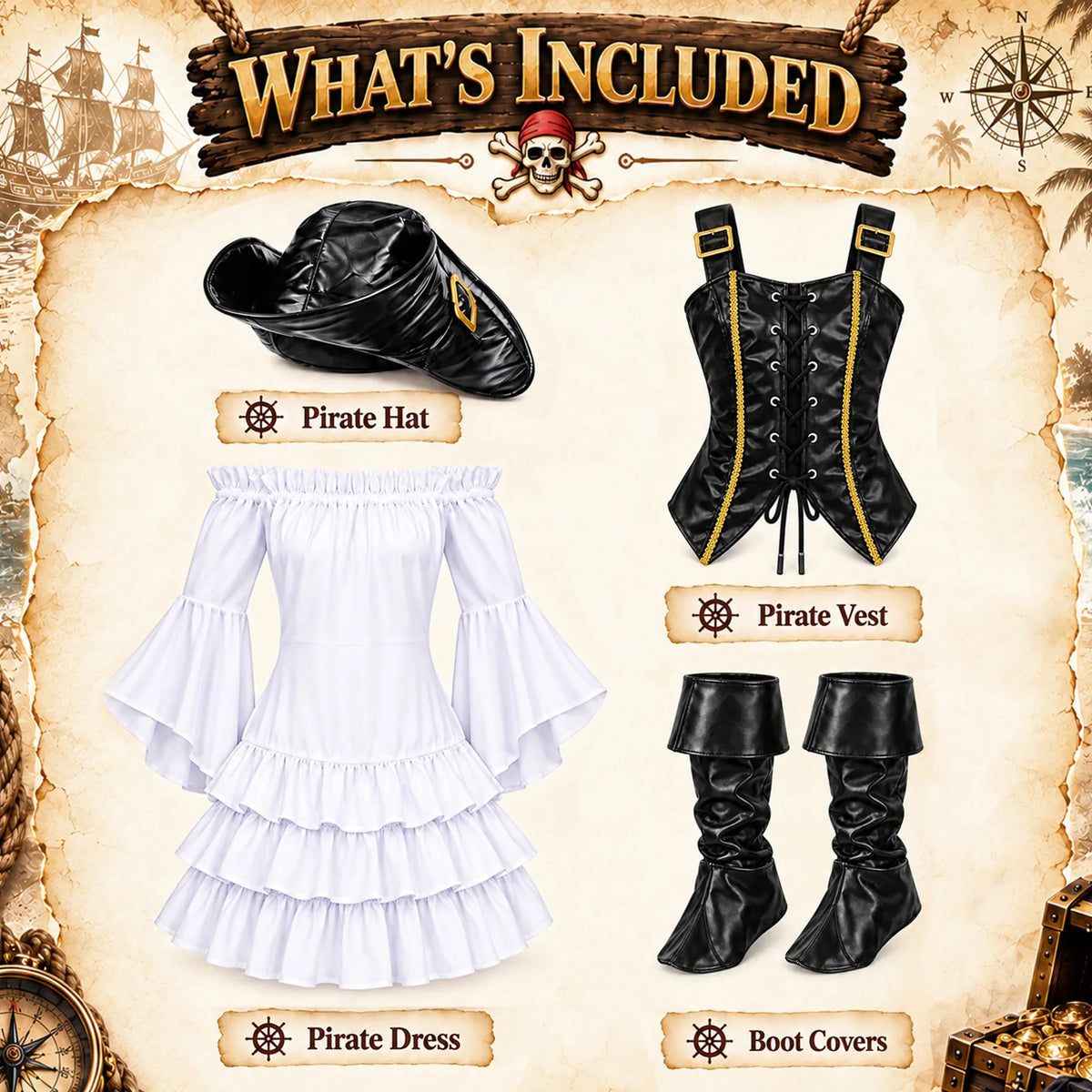 Pirate hat and boot cover measurements shown on the supplied accessory measurement reference
