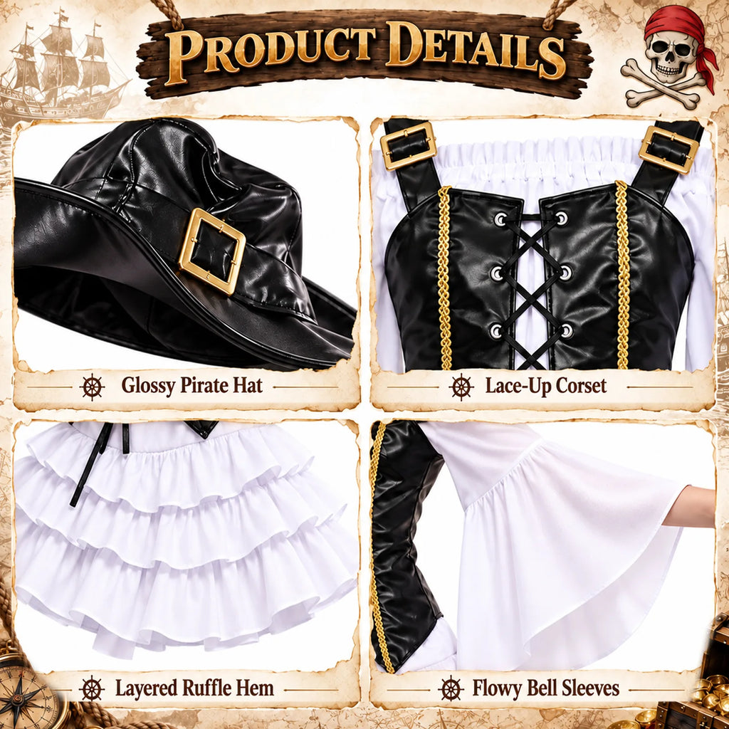 Close-up of ruffle trim and lace-up pirate vest showing the ruffle trim and lace-up front details