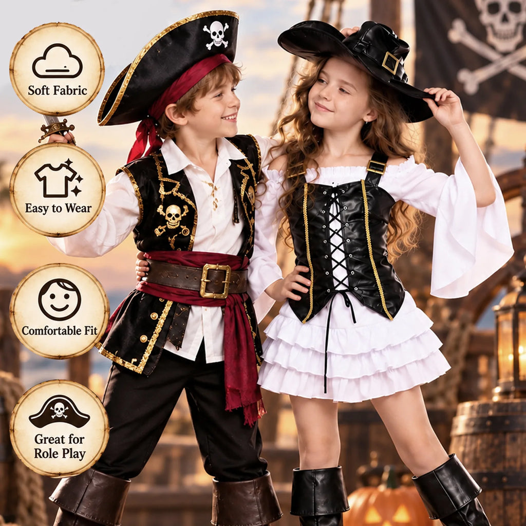 Kids' pirate costume styled for a themed party with the coordinated hat and boot covers visible