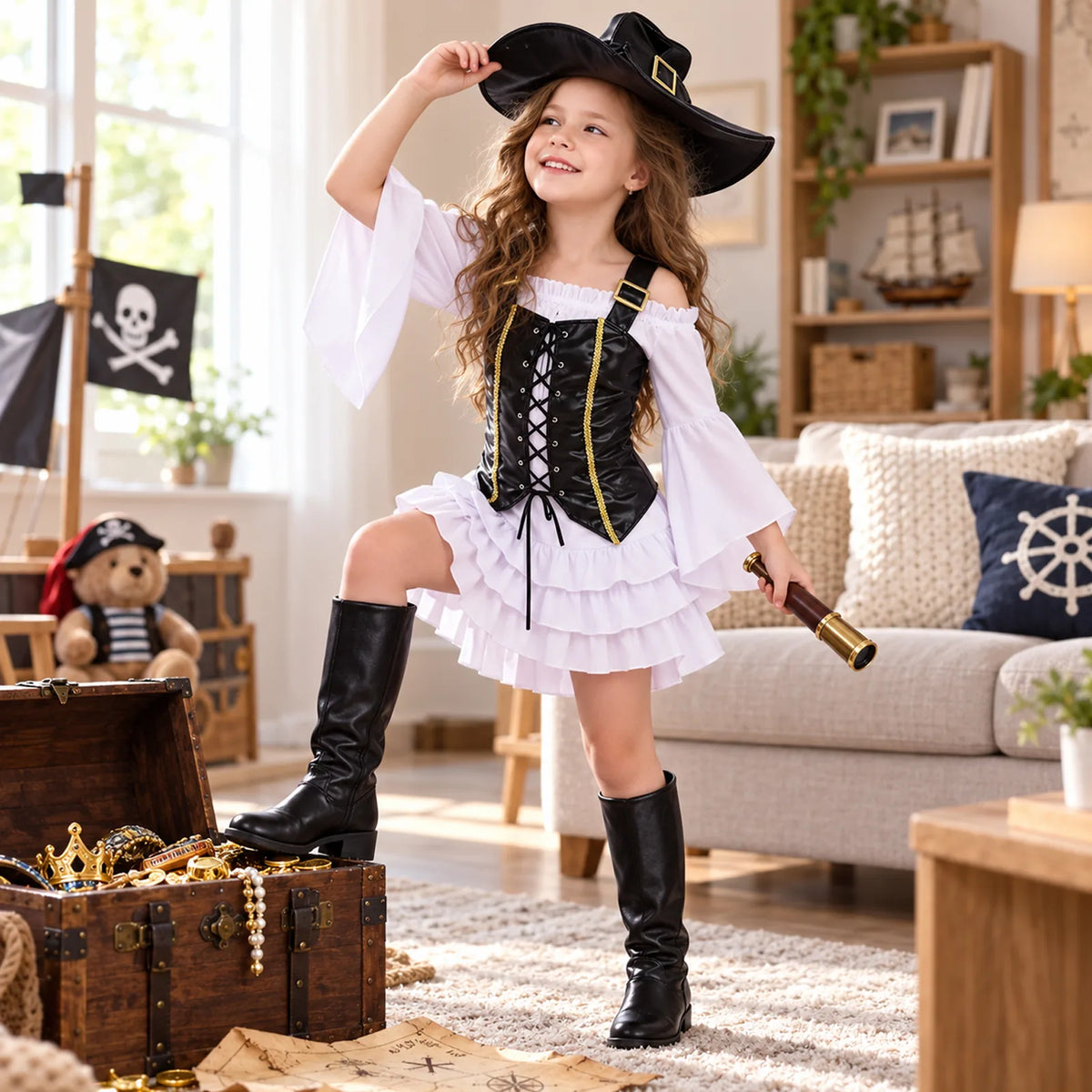 Pirate dress costume with hat in a stage setting with the complete black and white outfit visible